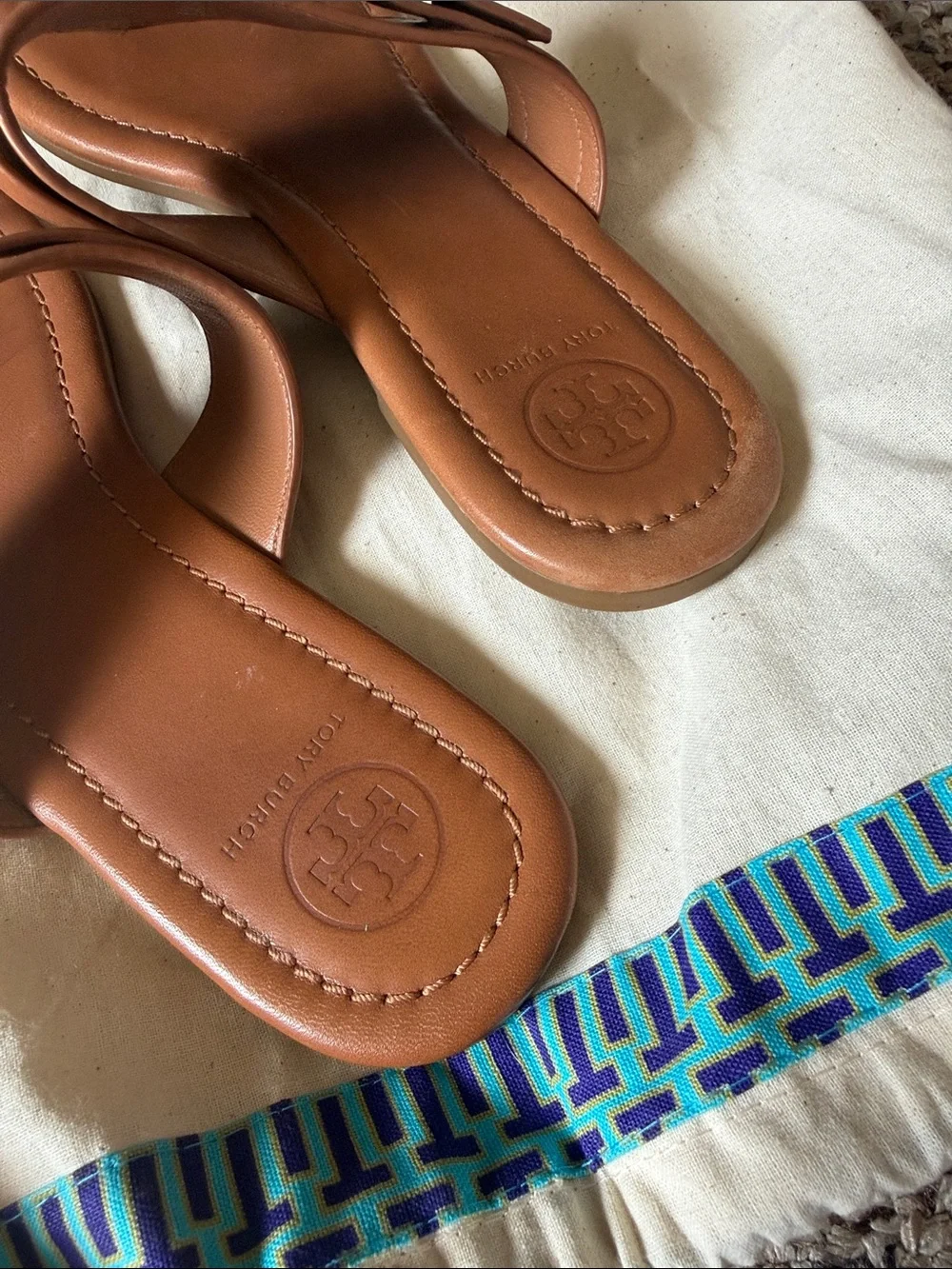 Tory Burch Brown Leather Thong Sandals with Gold Buckle